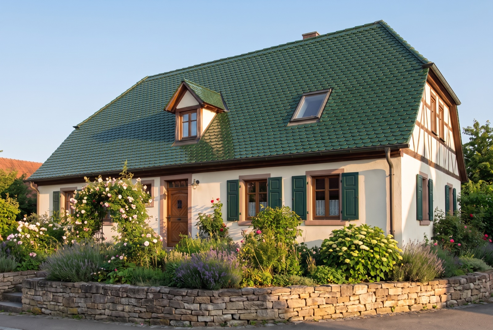Landhaus mit grün glasiertem Biberschwanzdach