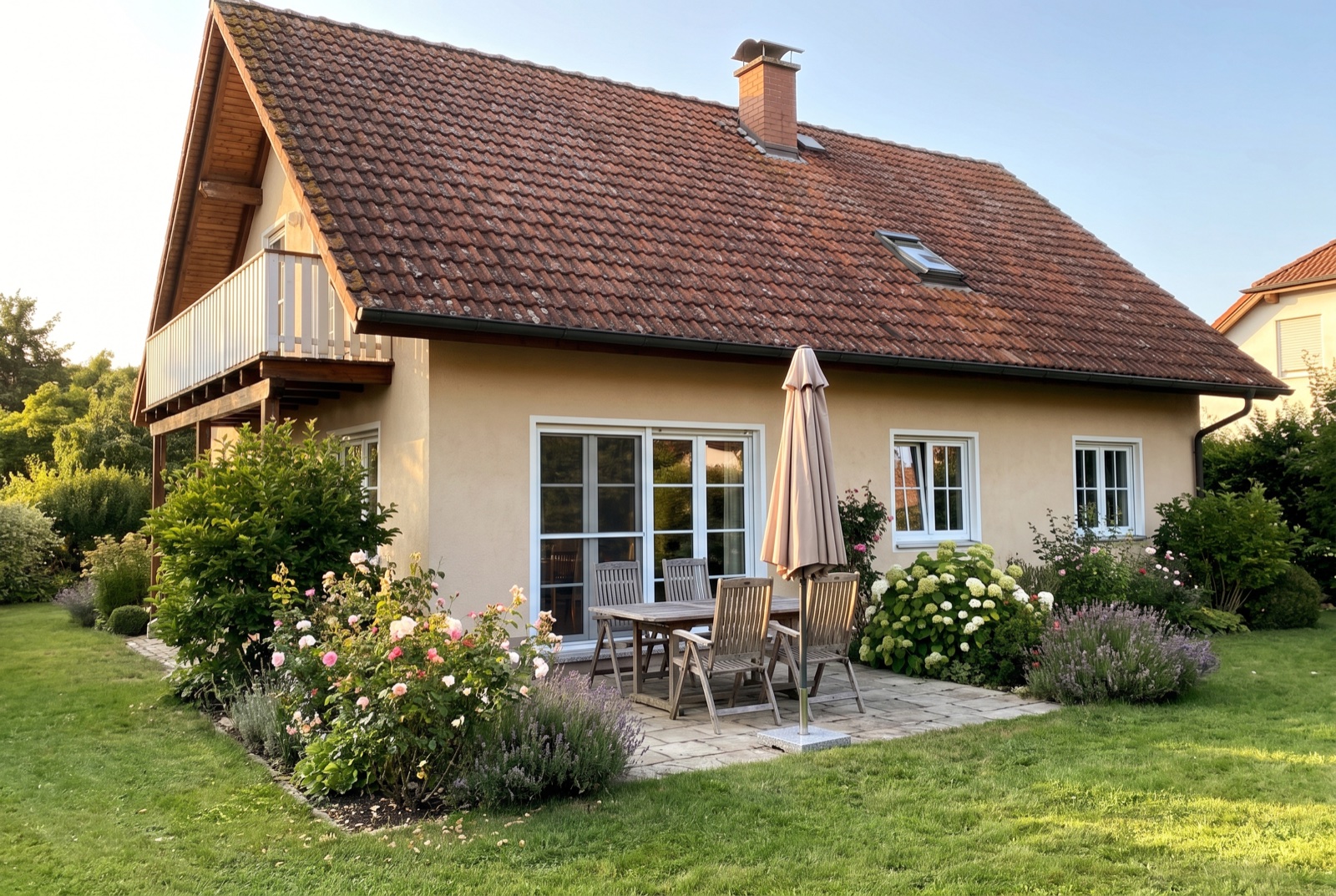 Dasselbe Wohnhaus mit ausgeblichenem, fleckigem Altdach