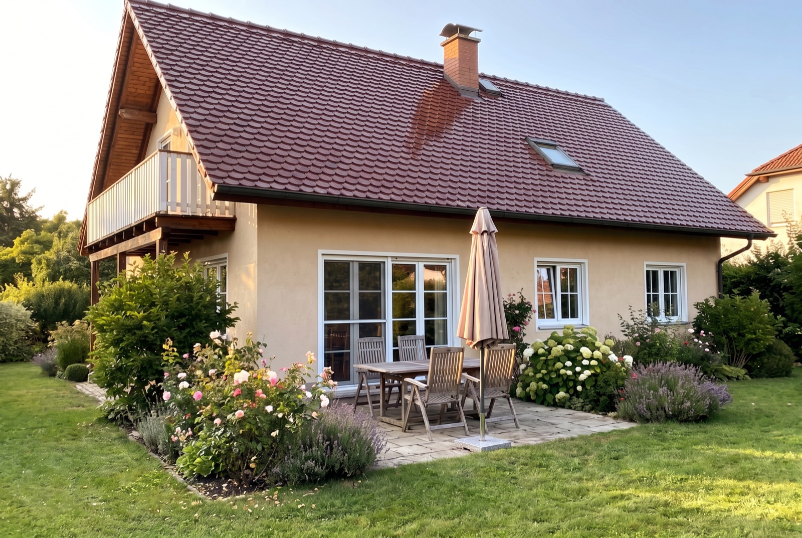 Wohnhaus mit neuem rotem Biberschwanzdach, Blick von der Gartenterrasse