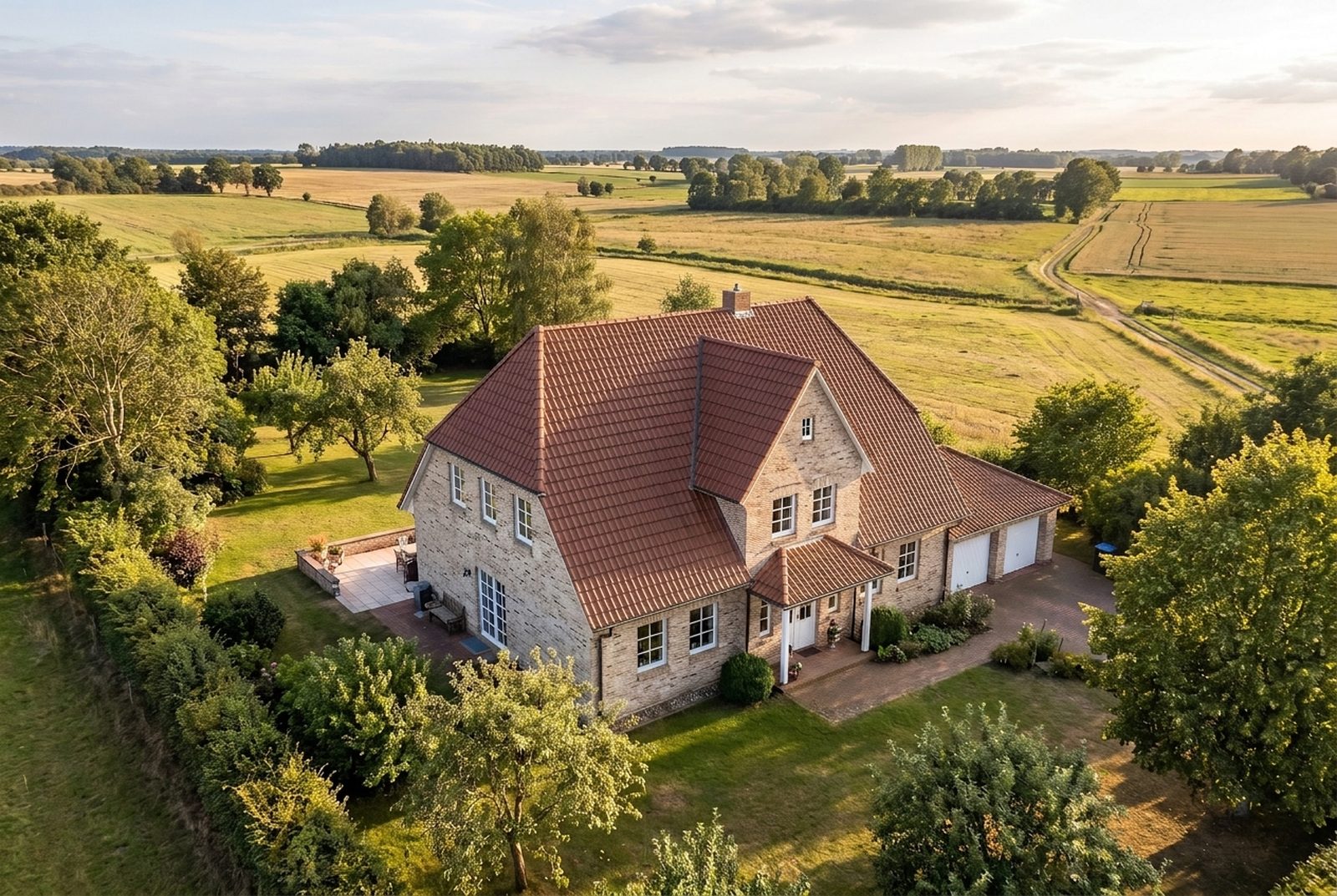 Drohnenfoto eines Landhauses mit neuer rotbraun engobierter Reformpfanne