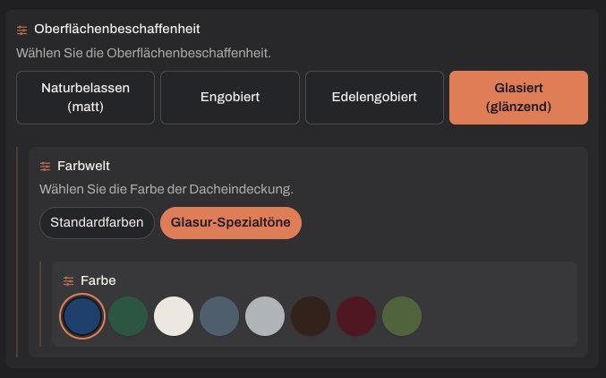 Konfigurator: Oberflächenbeschaffenheit und Farbwelt der Dacheindeckung im Browser wählen